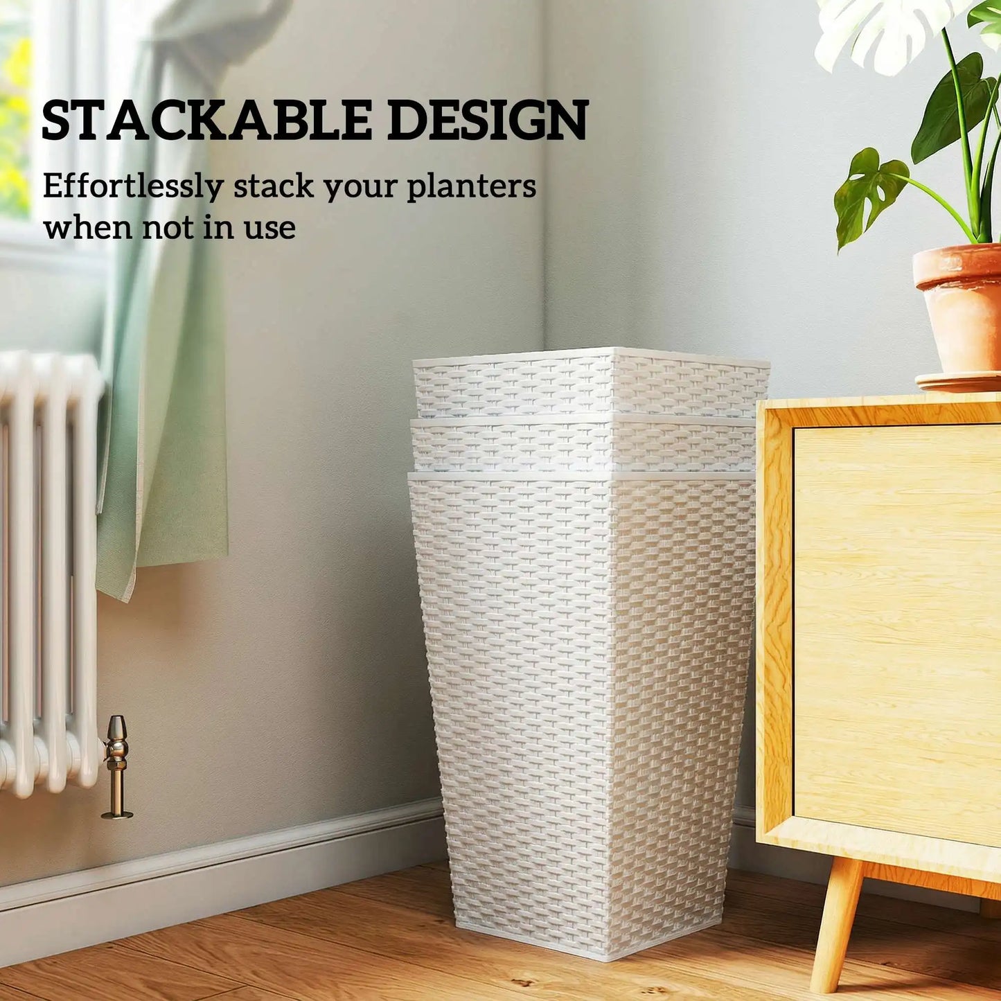 24 Inch Taper Planters with Drainage Holes, Rattan Decor Plant Pots, White