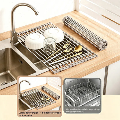 Over Sink Rollable Dish Drying Rack Foldable Stainless Steel Drain Mat