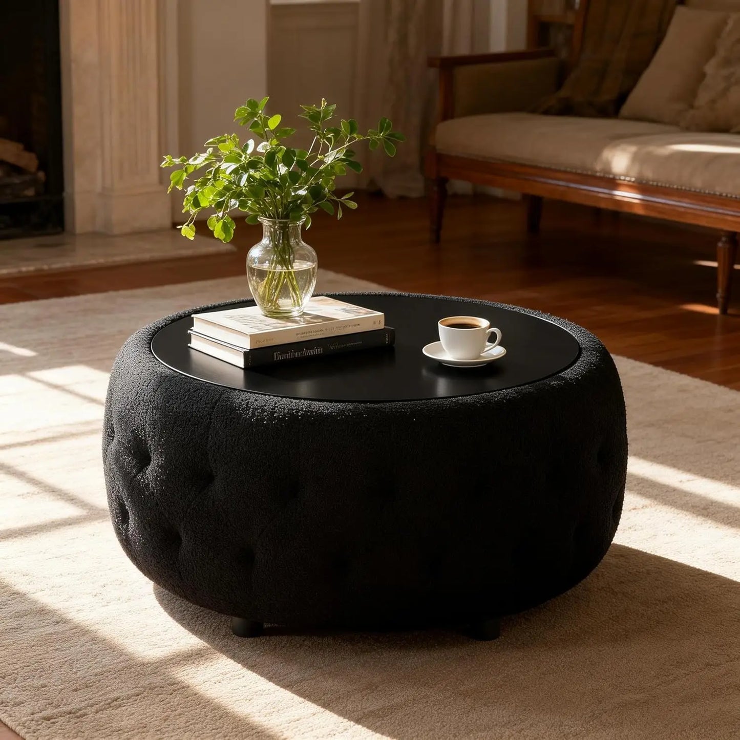 30 Inches Large Round Storage Ottoman, Coffee Table, Wooden Top, Soft Teddy Fabric