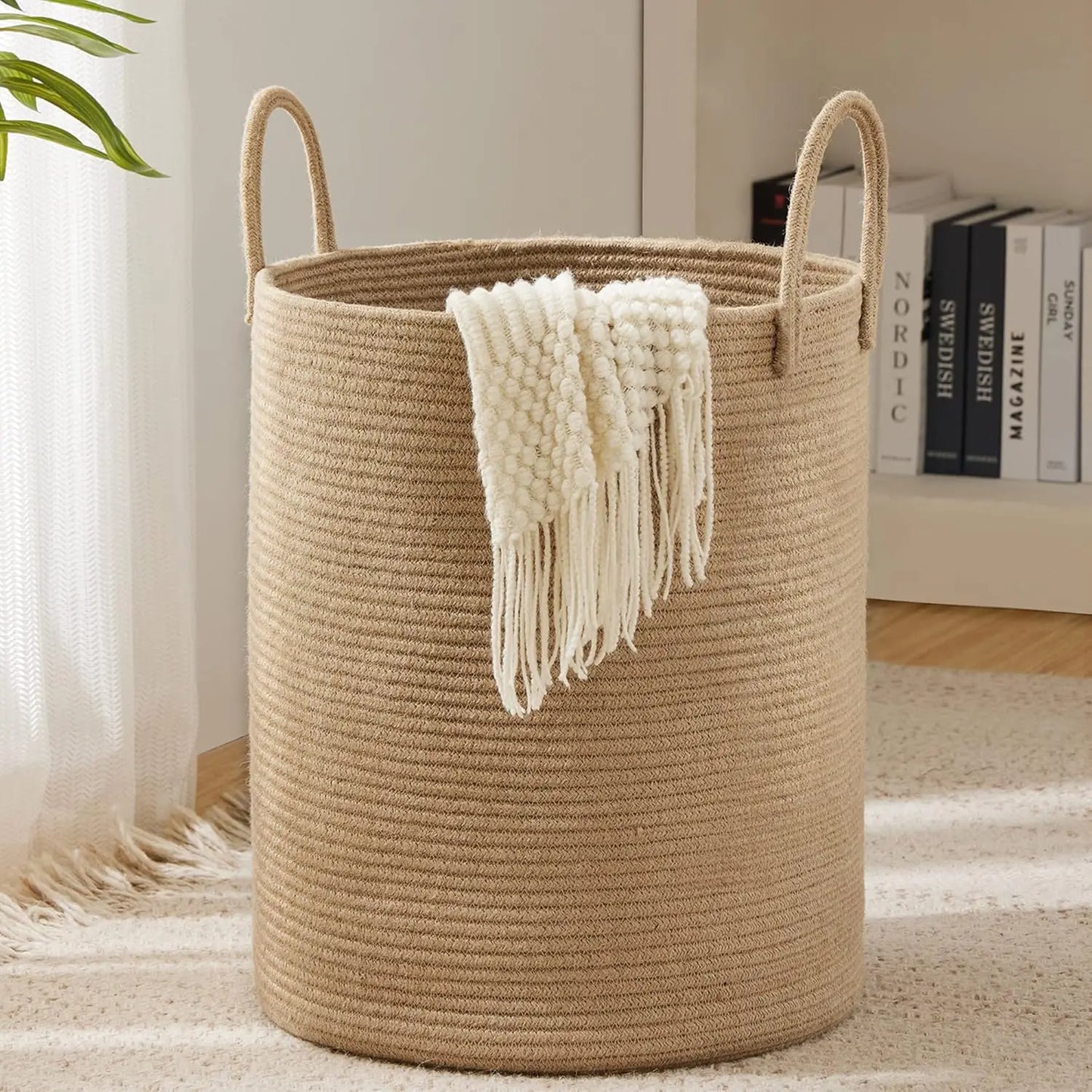 Large Storage Basket Tall Woven Laundry Hamper with Handles Foldable Cotton Rope