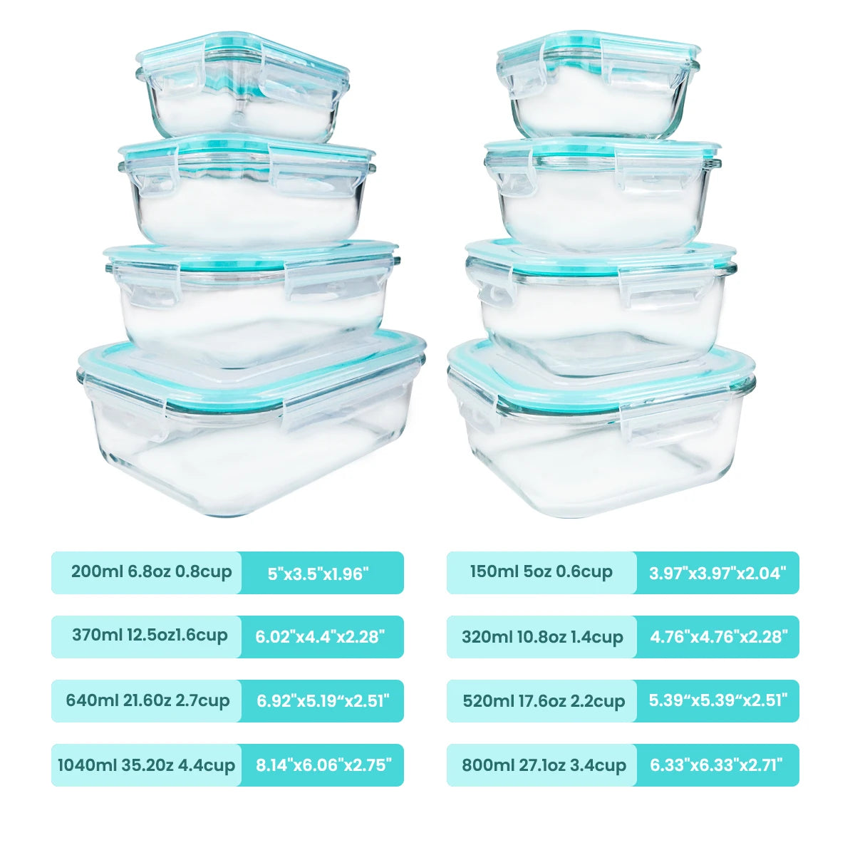 8pcs Glass Food Storage Containers Set Lunch Box Leakproof Airtight Microwave & Oven Safe