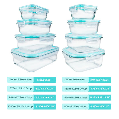 8pcs Glass Food Storage Containers Set Lunch Box Leakproof Airtight Microwave & Oven Safe