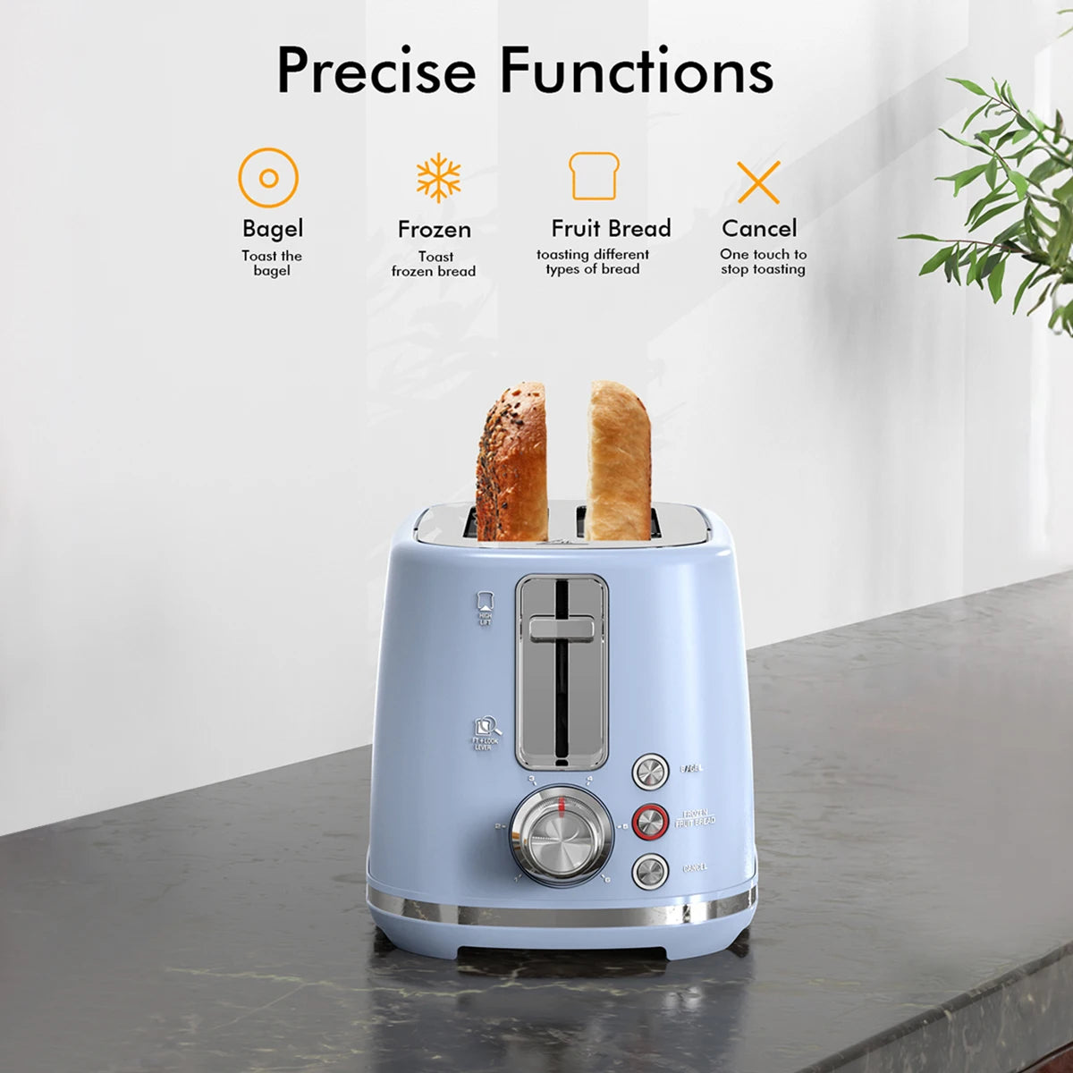 2 Slice Toaster with 1.5" Extra Wide Slots & Removable Crumb Tray, Auto Shut Off & Frozen Function, Blue