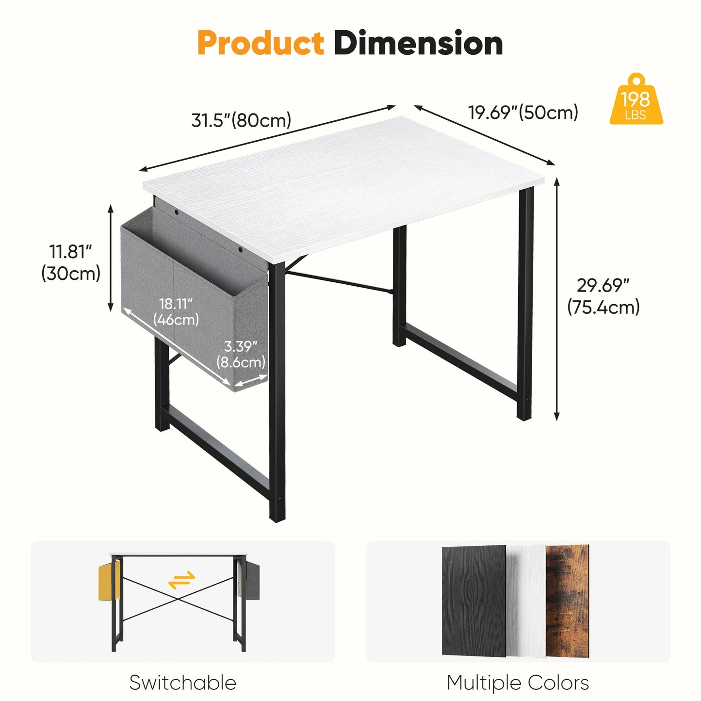 Computer Office Desk Writing Study Gaming Table with Storage Bag Metal Frame Wood Tabletop Easy Assembly