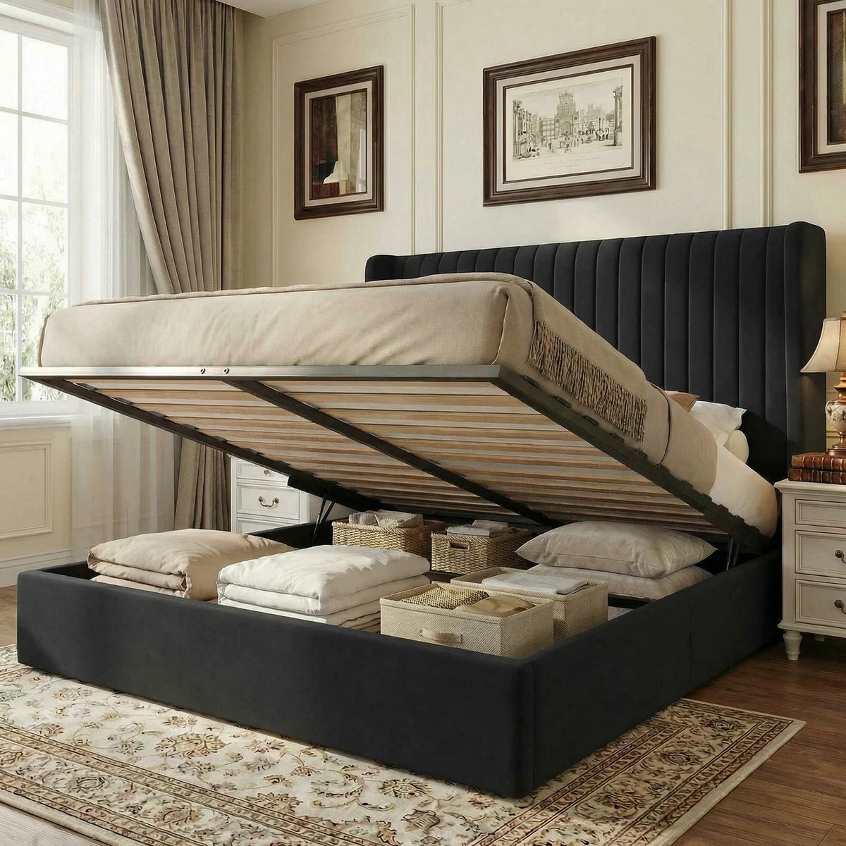 HOOMIC Full/Queen/King Lift Up Storage Bed Frame, Hydraulic Support System, Upholstered Platform Bed Frame,
