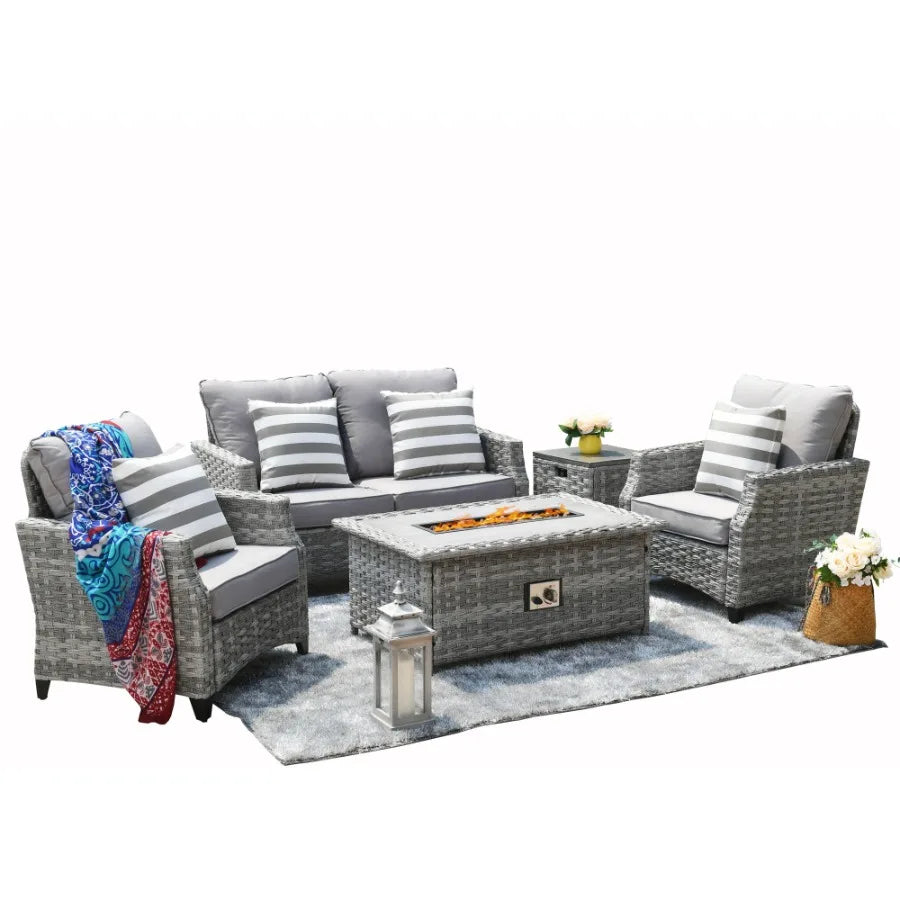 Outdoor wicker fire pit table with chairs: rattan material, weather-resistant and stylish