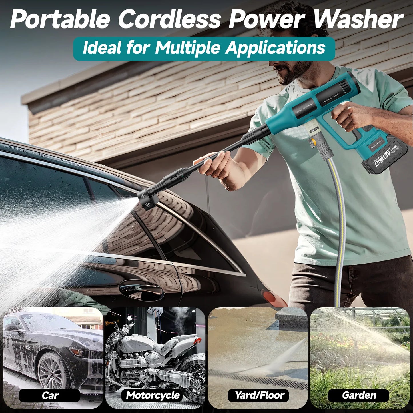 Cordless Pressure Washer, 6-in-1 Nozzle 700PIS Handheld Portable Battery & Charger for Car