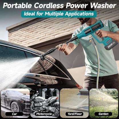 Cordless Pressure Washer, 6-in-1 Nozzle 700PIS Handheld Portable Battery & Charger for Car