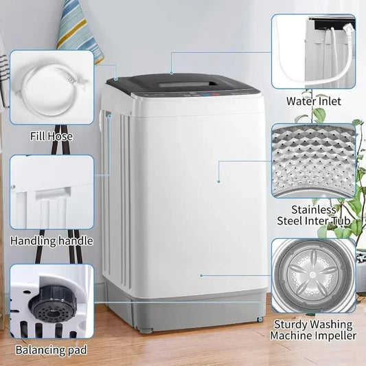 Automatic Top Load Portable Washer - 10 Wash Programs and 8 Water Levels, 2-in-1 Compact with Drain Pump