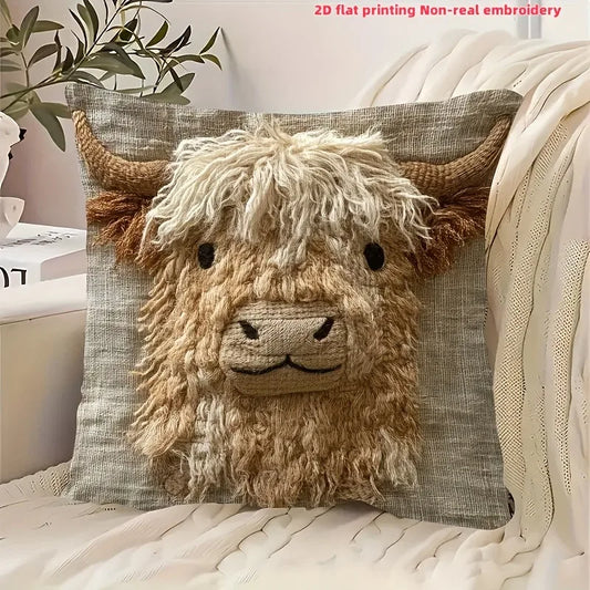 Cute Highland Cow Design 2D Flat-Printed Pillow Cover