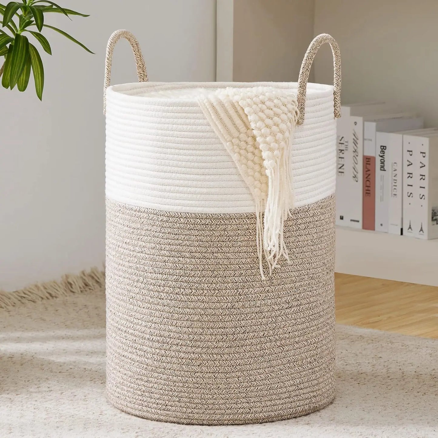 Large Storage Basket Tall Woven Laundry Hamper with Handles Foldable Cotton Rope