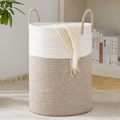 Large Storage Basket Tall Woven Laundry Hamper with Handles Foldable Cotton Rope