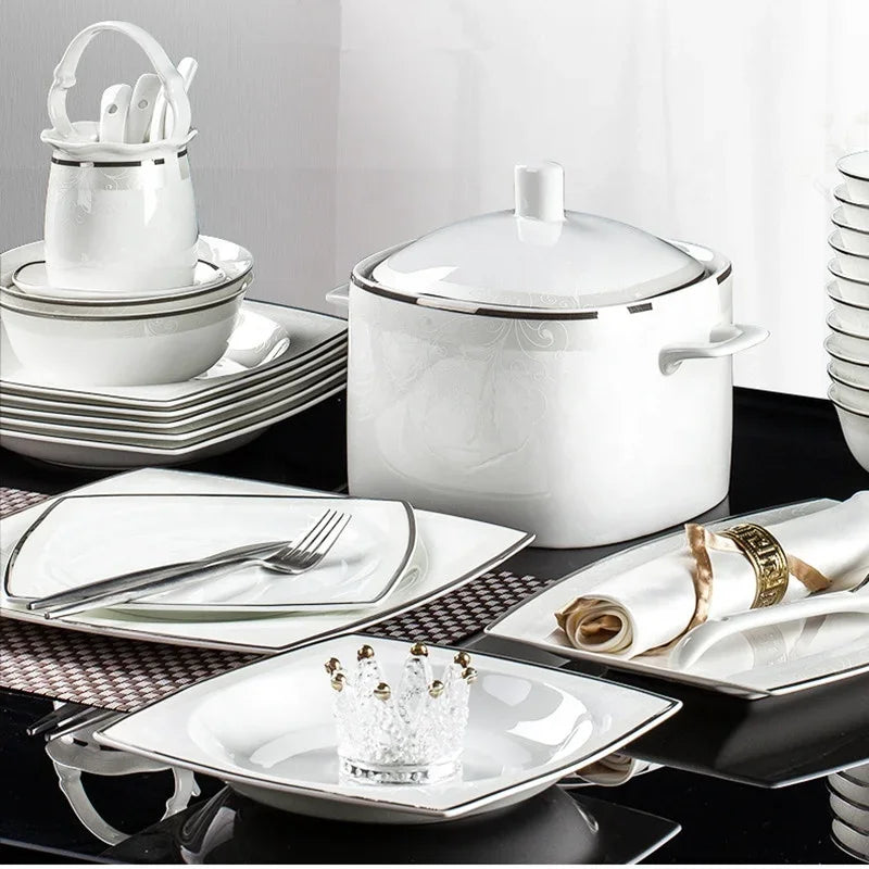60-Piece Porcelain Set Light Luxury Silver Edge Dinner Set