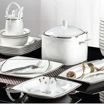 60-Piece Porcelain Set Light Luxury Silver Edge Dinner Set